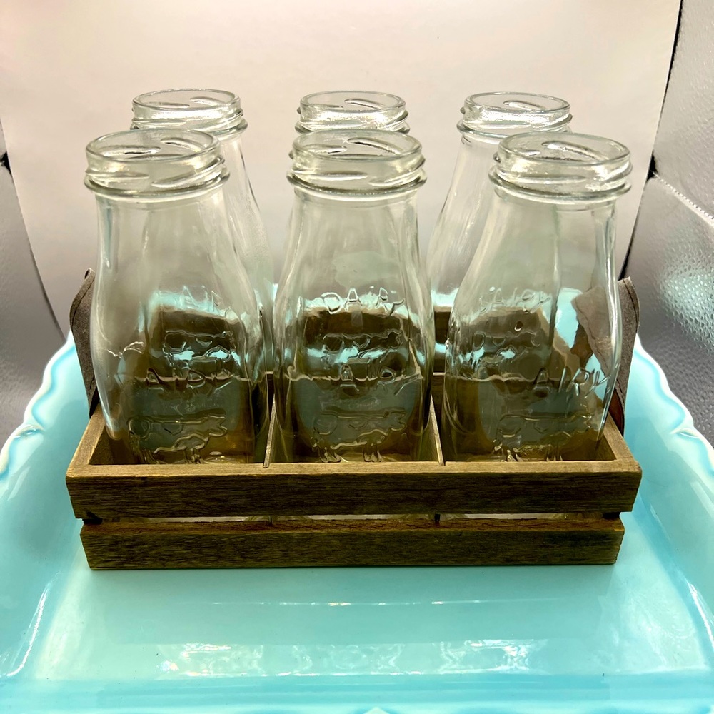 Farmhouse style crate with 6 milk bottles